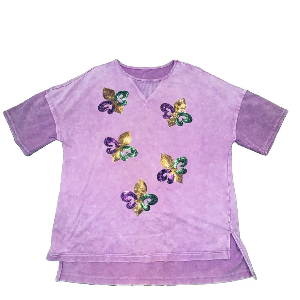 Purple Mardi Gras Shirt Top Sequin Fleur De Lis Parade Sz Large